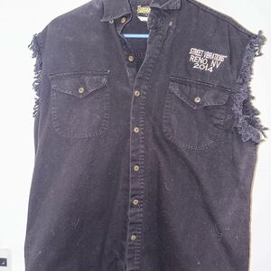 Black Sleeveless Denim Shirt with Embroidery